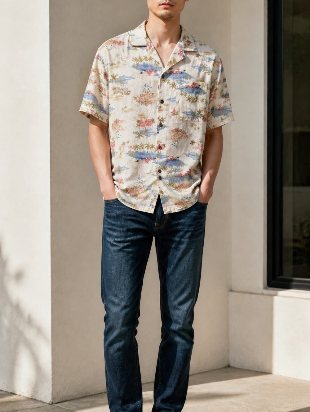 George Cream Camp Shirt with Red, Blue and Green Tropical Print